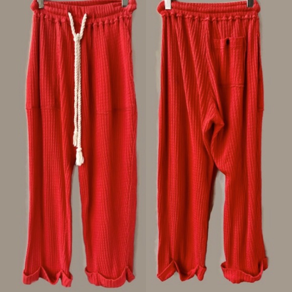Free People Beach Ribbed Red Tie Waist Pants, XS
